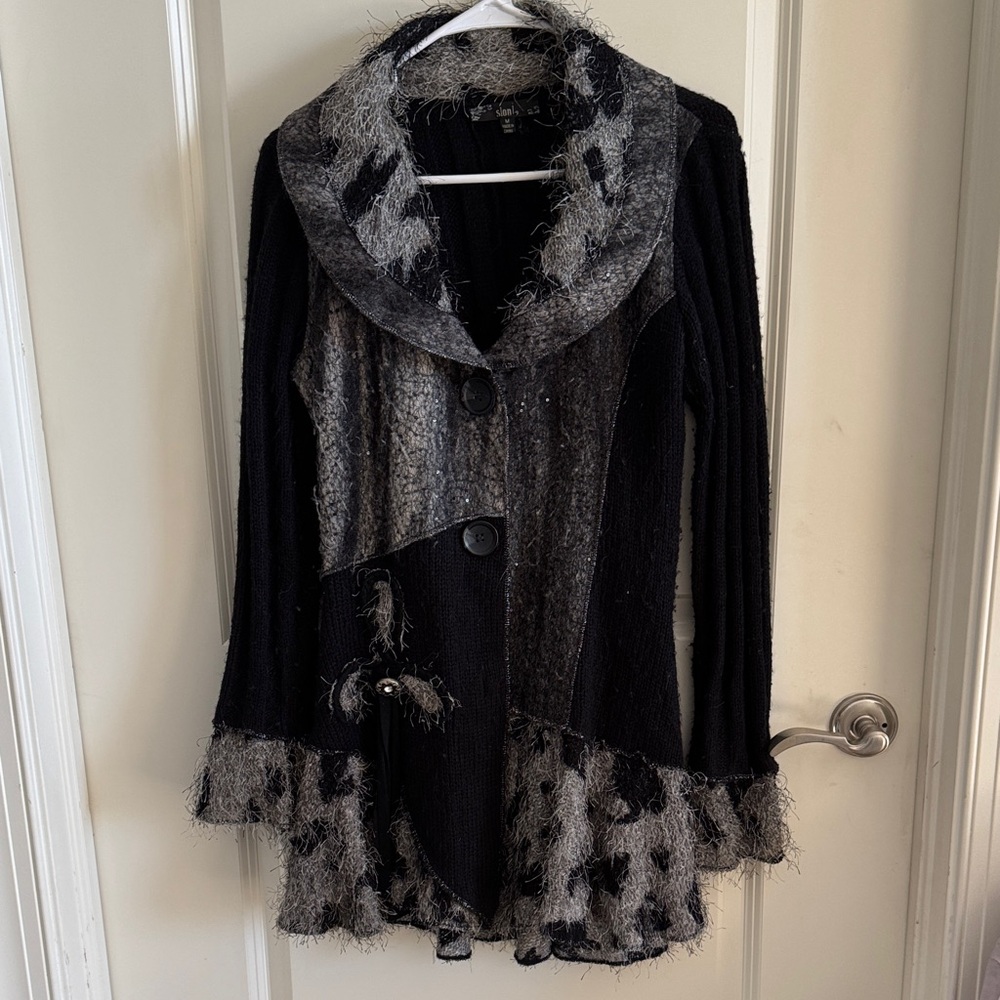 Sioni Black/Gray Mixed Media Cardigan -Size M - Picture 2 of 11